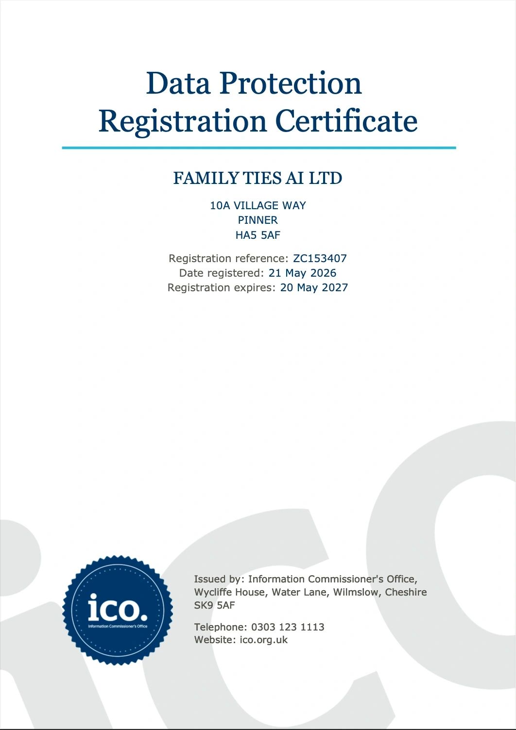 Family Ties AI Ltd ICO Registration Certificate, reference ZC153407